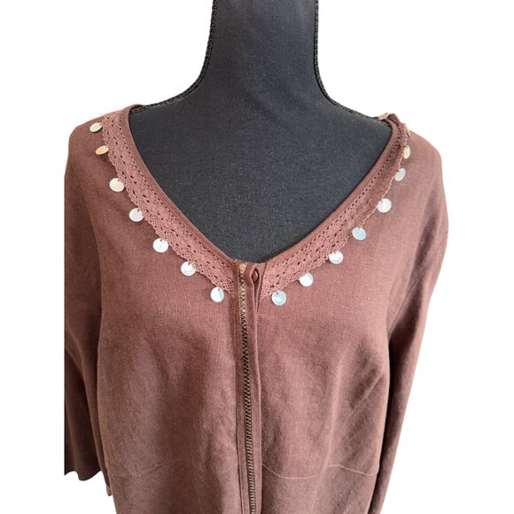 Brown Napa Valley Woman 22W Tunic Top With Crochet Trim & Sequin Linen Casual - Picture 2 of 9